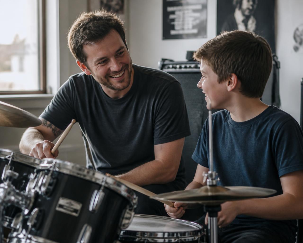 Mike, a friendly drum teacher, smiling alongside a young student at a drum kit