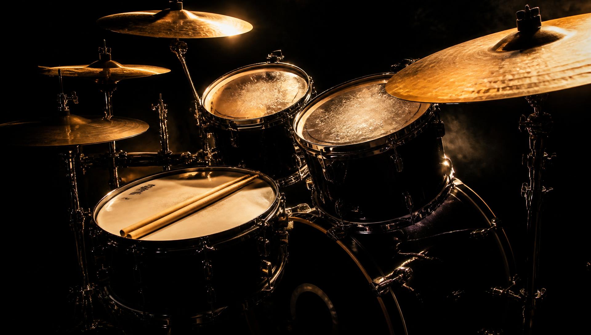 Dramatically lit drum kit with cymbals, snare and drumsticks