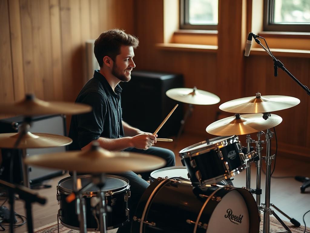 Adult learner sitting relaxed at a drum kit