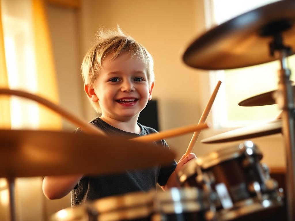 Young child grinning behind a drum kit during a drum lesson