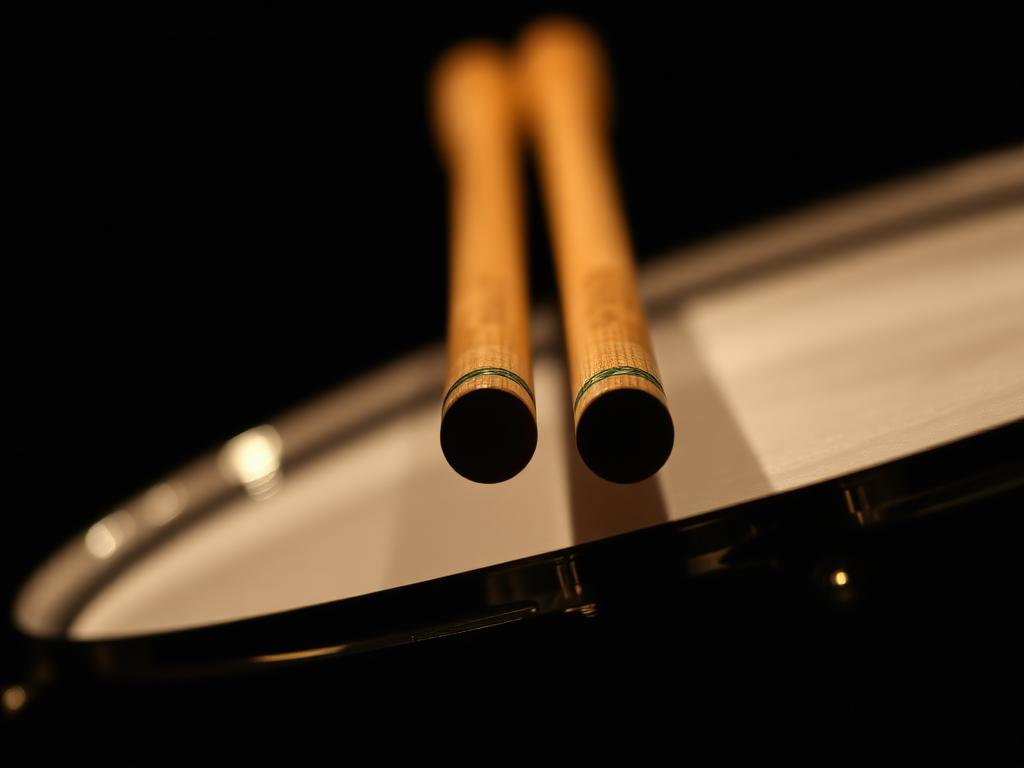 Close-up of drumsticks resting on a snare drum in dramatic light