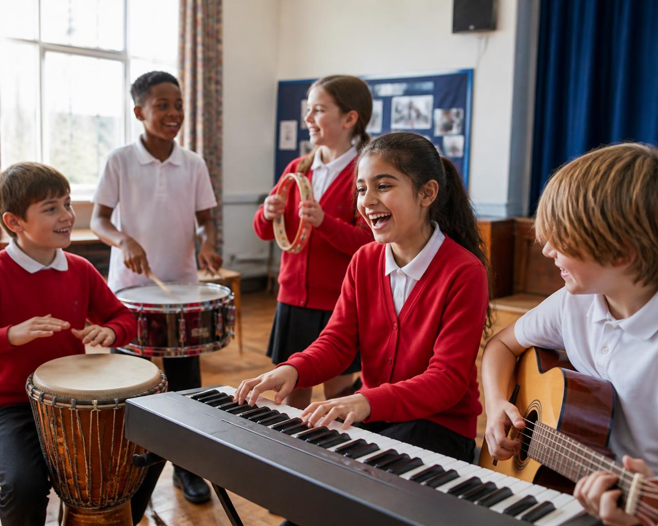 Primary school children playing instruments together in a joyful school music session